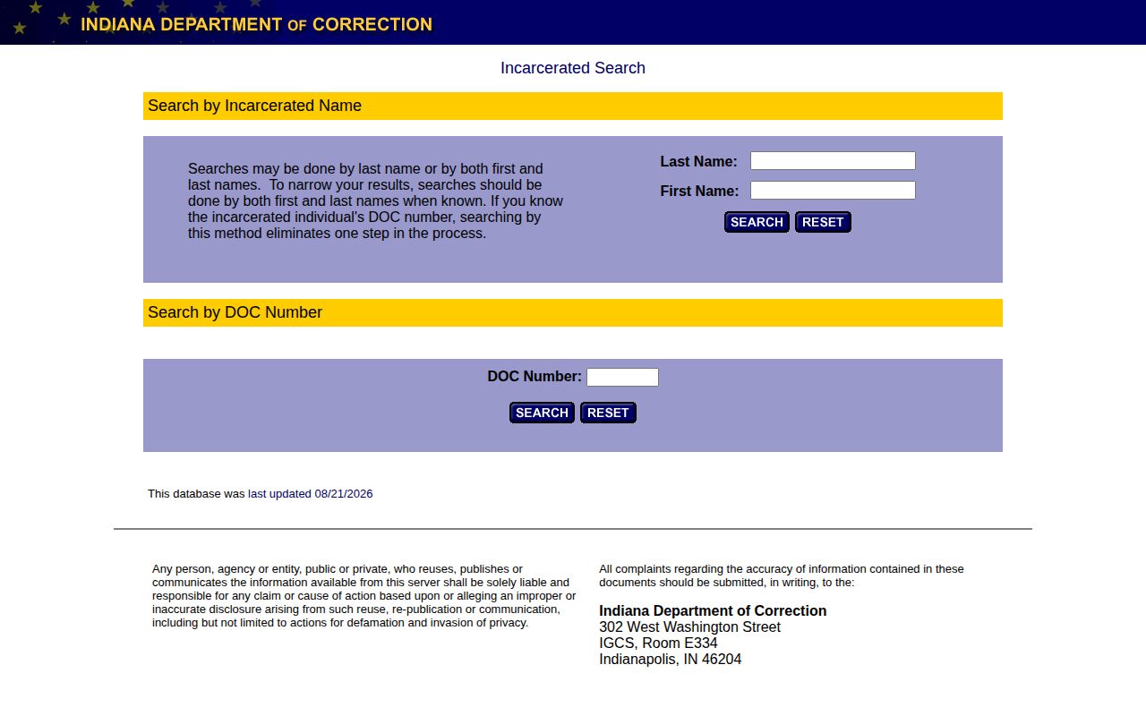 Indiana Department of Correction offender search for Montgomery County records
